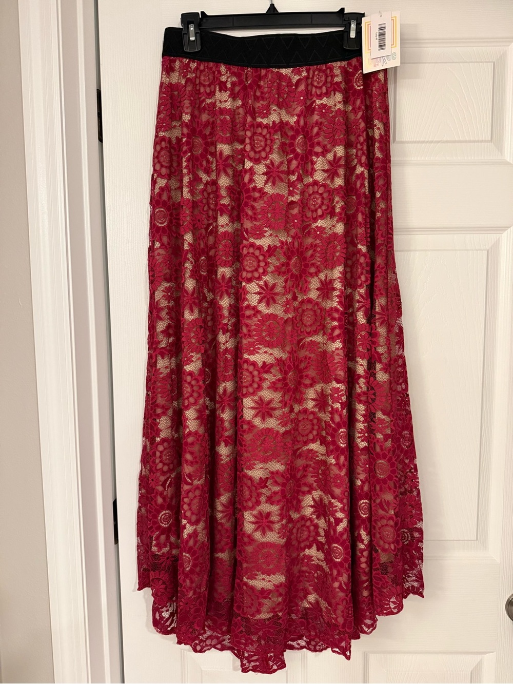 Lularoe Lucy Dark Pink Lace Skirt with Black Waistband